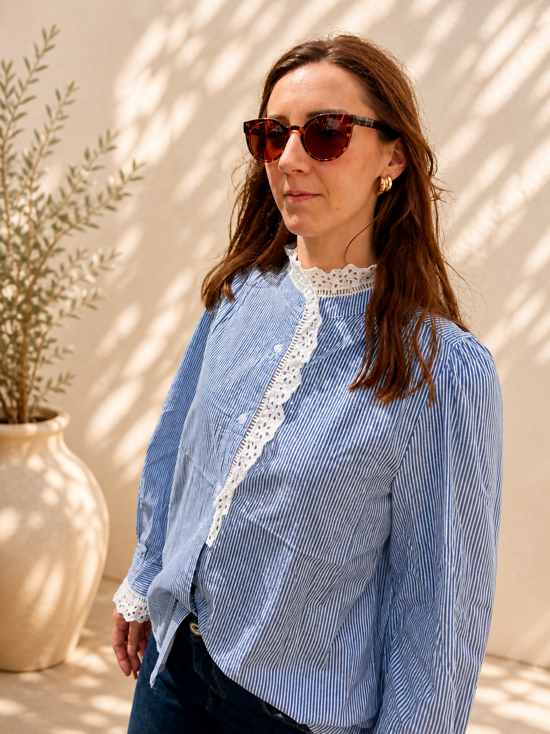 Chemise rayée bleu & dentelle