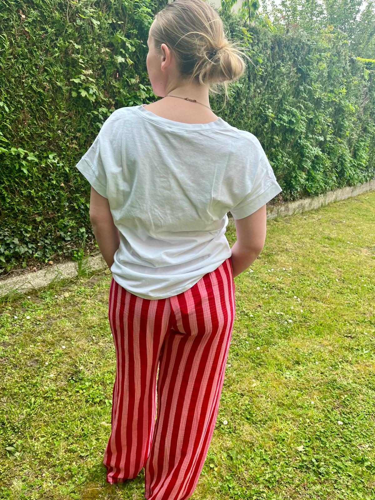 Pantalon gaze de coton imprimé rayure