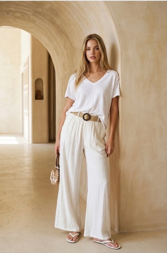 Pantalon large fluide taille ceinturée