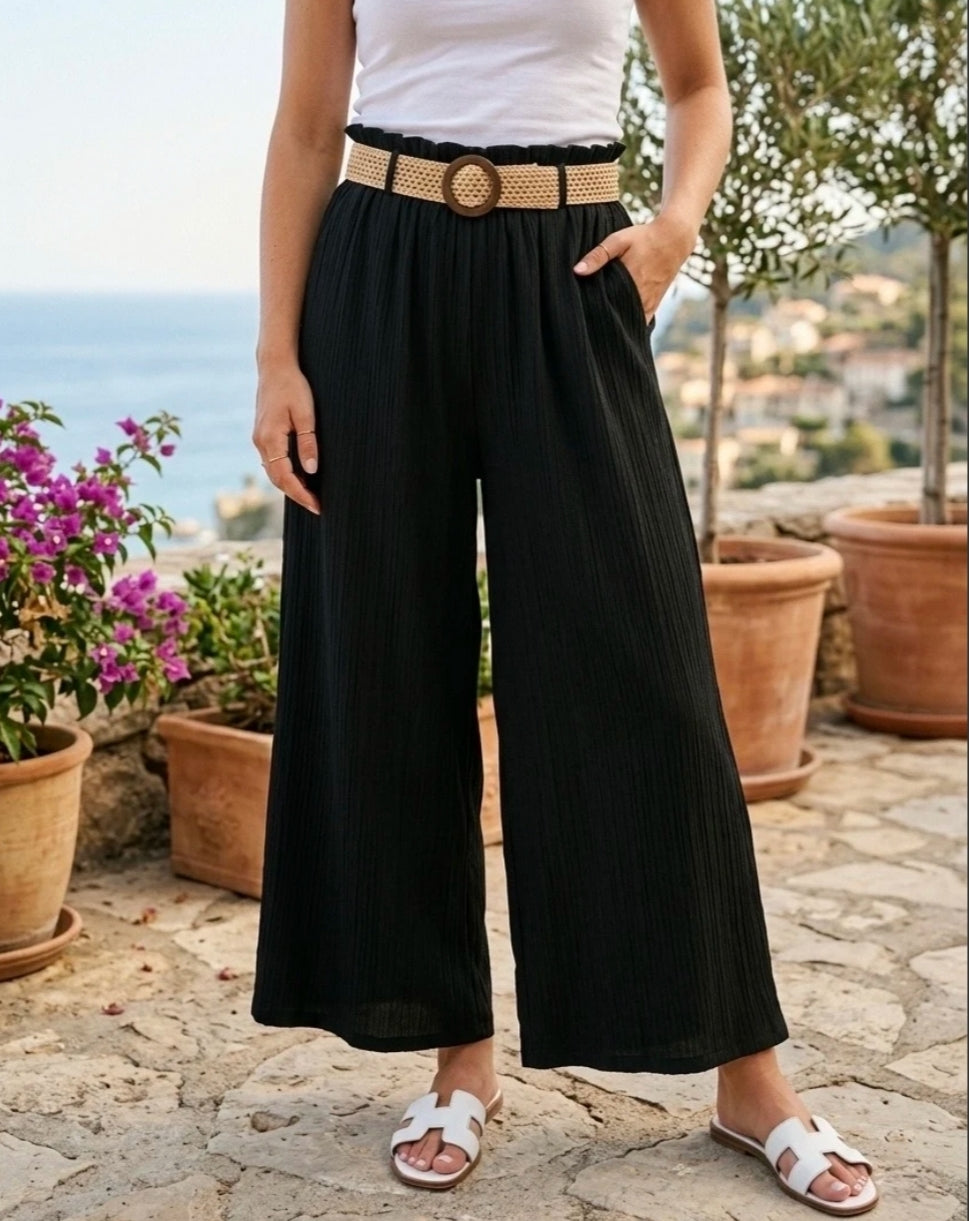 Pantalon large fluide taille ceinturée