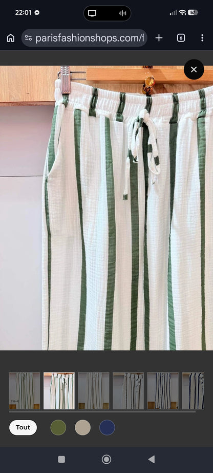 Pantalon gaze de coton imprimé rayure